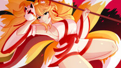 Rule 34 | 1girl, animal ears, black eyes, blonde hair, ceroba, cherry blossoms, cropped legs, detached sleeves, dress, fox, fox ears, fox girl, fox mask, fox tail, highres, holding, holding mask, holding polearm, holding weapon, japanese clothes, looking at viewer, mask, nick nitro, personification, polearm, sleeveless, sleeveless dress, spear, tail, thighs, undertale yellow, weapon, wide sleeves