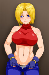 Rule 34 | abs, bare shoulders, blonde hair, blue eyes, blue mary, blush, breasts, highres, makani kohitujito, short hair, snk, strapless, the king of fighters, tube top