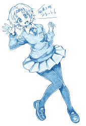 Rule 34 | 1girl, :d, bbb (friskuser), blue theme, braid, commentary, dress shirt, dutch angle, emblem, full body, girls und panzer, loafers, long sleeves, looking at viewer, miniskirt, monochrome, necktie, open mouth, orange pekoe (girls und panzer), pantyhose, pleated skirt, school uniform, shirt, shoes, short hair, skirt, smile, solo, st. gloriana&#039;s (emblem), st. gloriana&#039;s school uniform, standing, standing on one leg, sweater, traditional media, translated, twin braids, v-neck, waving, wing collar