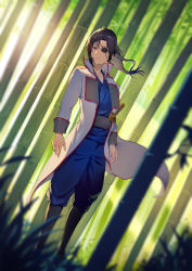 Rule 34 | 1girl, androgynous, bamboo, bamboo forest, black hair, blue kimono, blue pants, blurry, blurry foreground, brown eyes, closed mouth, coat, collarbone, dutch angle, eyepatch, floating hair, forest, frown, full body, gintama, highres, ibaraki shun, japanese clothes, kimono, long hair, long sleeves, nature, open clothes, open coat, pants, ponytail, solo, standing, white coat, yagyuu kyuubei