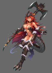Rule 34 | 1girl, axe, bare shoulders, blue eyes, breasts, chest jewel, claws, cleavage, detached collar, dragon girl, dragon tail, highres, ilothe, large breasts, long hair, maritan (pixelmaritan), monster girl, monster girl encyclopedia, red hair, revealing clothes, scales, simple background, solo, tail, weapon