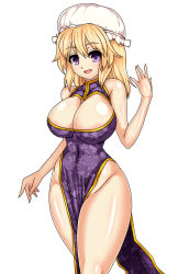 Rule 34 | 1girl, alternate costume, areola slip, bare legs, bare shoulders, blonde hair, breasts, china dress, chinese clothes, cleavage, cleavage cutout, clothing cutout, curvy, dress, hat, highres, hip focus, large breasts, long hair, looking at viewer, maribel hearn, mob cap, n (dai n honpo), no panties, open mouth, pelvic curtain, purple eyes, shiny skin, side slit, sleeveless, smile, solo, standing, thick thighs, thighs, touhou, wide hips