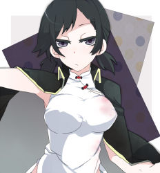 Rule 34 | 10s, 1girl, armpits, black hair, breasts, china dress, chinese clothes, devil survivor 2, dress, ebifurai, covered erect nipples, frown, grey eyes, kanno fumi, devil survivor, short hair, short twintails, solo, twintails