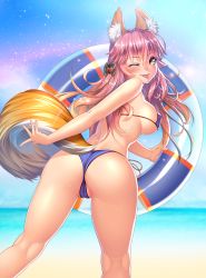 Rule 34 | 1girl, ;p, animal ears, arm behind back, ass, beach, bikini, blonde hair, blush, breasts, cameltoe, cleft of venus, covered erect nipples, day, ears through headwear, fate/grand order, fate (series), fox ears, fox tail, from behind, gradient hair, hair ornament, highres, kneepits, large breasts, long hair, looking at viewer, looking back, lucknight, micro bikini, multicolored hair, one eye closed, outdoors, pink hair, purple bikini, side-tie bikini bottom, sky, smile, solo, strap gap, swimsuit, tail, tamamo (fate), tamamo no mae (fate/extra), tamamo no mae (swimsuit lancer) (fate), thong, tongue, tongue out, yellow eyes