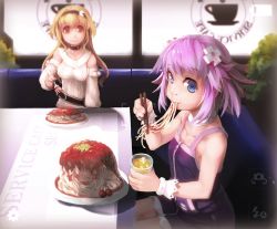 Rule 34 | 10s, 2girls, aran sweater, blonde hair, blue eyes, blush, cable knit, compa, d-pad, eating, female focus, food, fork, hair ornament, hairband, long hair, looking at viewer, multiple girls, neptune (neptunia), neptune (series), orange eyes, orange hair, pasta, purple hair, restaurant, segamark, smile, spaghetti, sweater, viewfinder, yellow eyes