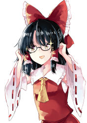 Rule 34 | 1girl, :d, adjusting eyewear, ascot, bad id, bad twitter id, bespectacled, black hair, bow, deetamu, detached sleeves, glasses, hair bow, hair tubes, hakurei reimu, highres, japanese clothes, medium hair, miko, open mouth, ribbon-trimmed sleeves, ribbon trim, sidelocks, smile, solo, sparkle, touhou, upper body, white background, wide sleeves, yellow ascot, yellow eyes
