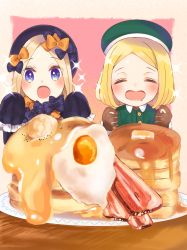Rule 34 | 2girls, :d, abigail williams (fate), beret, black bow, black dress, black hat, blonde hair, blue eyes, blush, bow, brown gloves, closed eyes, collared jacket, commentary request, dress, drooling, egg, egg (food), facing viewer, fate/grand order, fate (series), food, forehead, gloves, green hat, green jacket, hair bow, hands up, hat, heart, heart in eye, highres, jacket, long hair, long sleeves, looking at viewer, matsuda (0yx38755230263c), multiple girls, open mouth, orange bow, pancake, pancake stack, parted bangs, paul bunyan (fate), plate, polka dot, polka dot bow, short hair, sleeves past wrists, smile, sparkle, sunny side up egg, symbol in eye, table, very long hair