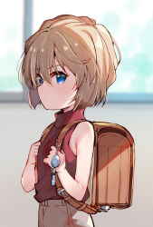 Rule 34 | 1girl, backpack, bag, bare arms, bare shoulders, blue eyes, blurry, blurry background, breasts, brown hair, brown shirt, closed mouth, crime prevention buzzer, depth of field, haibara ai, hair between eyes, highres, indoors, meitantei conan, meito (maze), randoseru, shirt, short hair, sleeveless, sleeveless shirt, small breasts, solo, turtleneck, window