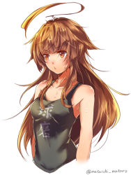 Rule 34 | 10s, 1girl, ahoge, blush, brown eyes, brown hair, clothes writing, kantai collection, kuma (kancolle), long hair, looking at viewer, mataichi mataro, simple background, sleeveless, solo, sweat, tank top, twitter username, white background