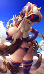 Rule 34 | 1girl, ass, beads, bikini, blue sky, breasts, bridal gauntlets, brown eyes, brown hair, cowboy shot, day, fate/grand order, fate (series), from behind, highres, large breasts, licking, licking finger, long hair, looking at viewer, looking back, naidong (artist), prayer beads, purple bikini, purple thighhighs, sky, solo, swimsuit, thighhighs, very long hair, xuangzang sanzang (fate)