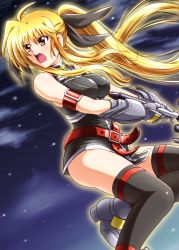 Rule 34 | 00s, 1girl, armor, bare shoulders, belt, black thighhighs, blonde hair, blush, breasts, diesel-turbo, fate testarossa, fate testarossa (true sonic form), long hair, lyrical nanoha, mahou shoujo lyrical nanoha, mahou shoujo lyrical nanoha strikers, medium breasts, open mouth, solo, thighhighs, twintails, very long hair