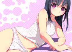 Rule 34 | 1girl, arm support, bare arms, black hair, blush, breasts, camisole, cowboy shot, long hair, looking at viewer, lying, matsunaga kouyou, midriff peek, navel, no pants, on side, open mouth, original, panties, pink background, pink eyes, purple eyes, sleeveless, small breasts, solo, underwear, white camisole, white panties