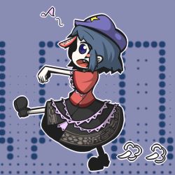 Rule 34 | 1girl, bad id, bad pixiv id, blouse, blue eyes, blue hair, chinese clothes, fang, hat, inunoko., leg up, matching hair/eyes, miyako yoshika, musical note, open mouth, outstretched arms, pale skin, patterned background, profile, purple background, shirt, short hair, skirt, solo, star (symbol), touhou, walking, zombie pose
