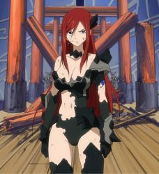 Rule 34 | 1girl, armor, breasts, cleavage, erza scarlet, fairy tail, female focus, highres, large breasts, long hair, red hair, screencap, serious, solo, stitched, tattoo, third-party edit