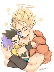 2boys black_hair blonde_hair blue_sash child closed_eyes cropped_vest dragon_ball father_and_son gogeta gotenks holding metamoran_vest mikan_ic multicolored_hair multiple_boys muscular muscular_male open_mouth purple_hair saiyan sash smile spiked_hair super_saiyan vest wristband