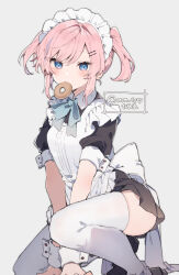 Rule 34 | 1girl, apron, arms between legs, black shirt, black skirt, blue bow, blue bowtie, blue eyes, blue hair, blush, bow, bowtie, breasts, collared shirt, doughnut, feet out of frame, food, food in mouth, frilled apron, frills, grey background, hair ornament, hairclip, highres, ikeuchi tanuma, layered clothes, looking at viewer, maid, maid headdress, miniskirt, multicolored hair, on one knee, original, pink hair, pleated skirt, puffy short sleeves, puffy sleeves, raised eyebrows, rije (ikeuchi tanuma), shirt, short hair, short sleeves, short twintails, sidelocks, simple background, skindentation, skirt, small breasts, solo, streaked hair, swept bangs, thighhighs, thighs, twintails, watermark, white apron, white shirt, white thighhighs, white wrist cuffs, wrist cuffs, zettai ryouiki
