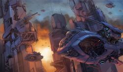 Rule 34 | 4boys, aircraft, armor, bad id, bad pixiv id, building, cannon, city, contrail, cyberpunk, dust cloud, flying, glowing, gun, highres, male focus, mecha, military, multiple boys, original, power armor, power suit, prog wang, robot, science fiction, sky, soldier, spacecraft, turret, weapon