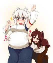 Rule 34 | &gt;:d, ^^^, 2girls, :d, animal ears, belly grab, blush, breasts, brown hair, d:, detached sleeves, fang, fat, groping, hitotsubashi inari, imaizumi kagerou, inubashiri momiji, large breasts, long hair, long skirt, multiple girls, no headwear, open mouth, plump, pom pom (clothes), red eyes, short hair, silver hair, skindentation, skirt, smile, surprised, tail, thick thighs, thighs, touhou, v-shaped eyebrows, very long hair, wolf ears, wolf tail