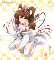 Rule 34 | 1girl, alternate costume, animal ears, baretto (firearms 1), blush, bow, breasts, brown hair, closed mouth, japanese clothes, kantai collection, kimono, long hair, obi, pink bow, ryuujou (kancolle), sash, sitting, skirt, small breasts, smile, solo, tail, thighhighs, twintails, white skirt, white thighhighs