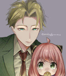 Rule 34 | 1boy, 1girl, ahoge, aji (eatfishfly), anya (spy x family), bad id, bad pixiv id, blonde hair, child, father and daughter, formal, green eyes, green suit, grey background, hairpods, highres, necktie, peanut, pink hair, red necktie, shirt, simple background, spy x family, suit, twilight (spy x family)