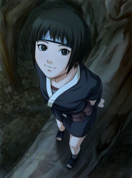 Rule 34 | 1girl, black eyes, black hair, female focus, forehead protector, from above, full body, looking up, naruto, naruto (series), nature, outdoors, plant, shizune (naruto), short hair, smile, solo, tk (tk&#039;s level4), tree