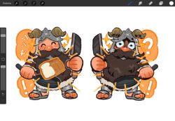 Rule 34 | 1boy, ?, ^ ^, art program in frame, beard, bread, charm (object), chibi, closed eyes, constricted pupils, dungeon meshi, dwarf, facial hair, facing viewer, fake horns, food, frying pan, full body, happy, helmet, highres, holding, holding frying pan, holding knife, horned helmet, horns, knife, loaf of bread, long beard, male focus, merchandise available, mimscosara, multiple views, mustache, senshi (dungeon meshi), shaded face, sparkle, standing, thick mustache, translation request, very long beard