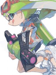 Rule 34 | .52 gal (splatoon), 1boy, :p, aqua eyes, bike shorts, commentary, eyewear on head, from side, full body, green hair, gun, hawaiian shirt, holding, holding gun, holding weapon, ink tank (splatoon), inkling, inkling boy, inkling player character, long hair, muginoomoti, nintendo, shirt, splatoon (series), splatoon 3, sunglasses, symbol-only commentary, tentacle hair, tongue, tongue out, weapon, white background, white footwear