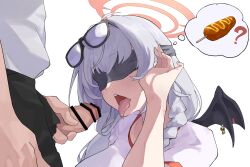 Rule 34 | 1boy, 1girl, ?, absurdres, adjusting hair, bar censor, black-framed eyewear, black blindfold, black pants, blindfold, blue archive, braid, censored, corn dog, denpatou, eyewear on head, fake wings, grey hair, gym shirt, halo, haruna (blue archive), haruna (track) (blue archive), hetero, highres, imminent fellatio, long hair, official alternate costume, open mouth, pants, penis, red trim, sensei (blue archive), shirt, short sleeves, side braid, single wing, teeth, thought bubble, tongue, tongue out, upper teeth only, white background, white shirt, wings