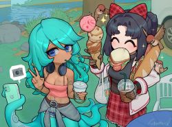 Rule 34 | 2girls, animal ears, belt, bird, black hair, black sweater, blue eyes, blue hair, body writing, bow, bracelet, breasts, brown belt, brown gloves, car, cellphone, chair, cleavage, closed eyes, clothes around waist, drinking straw, drinking straw in mouth, fang, food, gloves, grass, grey jacket, hair bow, hand up, headphones, headphones around neck, holding, holding phone, horizontal pupils, ice cream, jacket, jacket around waist, jewelry, logo parody, long hair, long sleeves, looking at viewer, medium breasts, monster girl, motor vehicle, mouth hold, multiple girls, navel, navel piercing, open clothes, open jacket, original, outdoors, phone, piercing, plaid, plaid skirt, ponytail, red bow, red skirt, river, rock, sandwich, scylla, selfie, signature, skirt, smartphone, smile, sparrow, sparrowl, suction cups, sweater, table, tally, tentacles, tree, v, white jacket