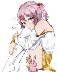 Rule 34 | ..., 1girl, blouse, commentary request, detached sleeves, full body, hair bobbles, hair ornament, highres, hugging own legs, kantai collection, looking at viewer, one-hour drawing challenge, pink eyes, pink hair, rabbit, sazanami (kancolle), shirt, short hair, simple background, sitting, skirt, solo, spoken ellipsis, sugamo (rainysnowy108), thick eyebrows, twintails, white background, white legwear, white shirt, yellow skirt