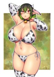 Rule 34 | 1girl, animal ears, animal print, arms up, bell, bikini, black collar, breasts, cleavage, collar, cow ears, cow horns, cow print, detached sleeves, erkaz, glasses, green hair, highres, horns, huge breasts, looking at viewer, mia (bang telex), neck bell, original, pointy ears, print bikini, print sleeves, print thighhighs, red eyes, short hair, skindentation, solo, swimsuit, thighhighs