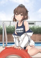 Rule 34 | 1girl, blue one-piece swimsuit, breasts, brown eyes, brown hair, day, driftkingtw, headgear, hood, hood down, hoodie, kantai collection, long sleeves, official alternate costume, one-piece swimsuit, outdoors, poolside, school swimsuit, seiza, short hair, sitting, small breasts, solo, speaking tube headset, swimsuit, swimsuit under clothes, white hoodie, yukikaze (kancolle)