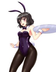 Rule 34 | 1girl, :d, animal ears, bare arms, bare shoulders, black hair, black pantyhose, blush, bow, bowtie, breasts, detached collar, female focus, highleg, highleg leotard, isaki (gomi), leotard, looking at viewer, open mouth, pantyhose, playboy bunny, purple leotard, rabbit ears, rabbit tail, red eyes, shameimaru aya, simple background, smile, solo, standing, strapless, strapless leotard, tail, touhou, tray, white background, wrist cuffs