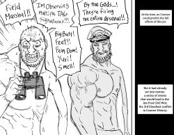 Rule 34 | 2boys, absurdres, asymmetrical arms, balding, bb (baalbuddy), beard, binoculars, commentary, coomer (meme), english commentary, english text, facial hair, greyscale, hat, highres, holding, holding binoculars, male focus, meme, meta, monochrome, multiple boys, muscular, muscular male, original, oversized forearms, oversized limbs, peaked cap, speech bubble, stubble, text focus, topless male, veins, veiny arms