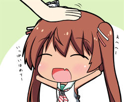 Rule 34 | 10s, 1girl, bare shoulders, blush, brown hair, chibi, closed eyes, commentary request, dark-skinned female, dark skin, dress, fang, hair ribbon, hand on another&#039;s head, hat, head pat, headpat, kantai collection, libeccio (kancolle), long hair, lowres, ogarasu, open mouth, outstretched arms, ribbon, sailor dress, sleeveless, smile, solo, solo focus, spread arms, translation request, twintails