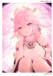 Rule 34 | 1girl, 6u (eternal land), absurdres, bare shoulders, blush, branch, breasts, character name, closed mouth, day, genshin impact, hair ornament, hand on own cheek, hand on own face, hand up, highres, japanese clothes, jewelry, lips, long hair, looking at viewer, medium breasts, outdoors, page number, petals, pink hair, purple eyes, scan, simple background, smile, solo, squatting, yae miko