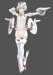 Rule 34 | 1girl, aqua eyes, bare shoulders, boots, elbow gloves, flat chest, gloves, grey background, grey hair, groin, gun, hamushima, hat, md5 mismatch, original, pointing, see-through, short hair, simple background, smile, solo, thigh boots, thighhighs, weapon