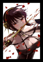 Rule 34 | 1girl, :p, black dress, black gloves, black hair, blood, blood on face, breasts, cleavage, collarbone, commentary request, dagger, dress, earrings, fingerless gloves, flower, from side, fujiwara aoi, gloves, gold, gold earrings, gold hairband, hair flower, hair ornament, hairband, highres, holding, holding dagger, holding knife, holding weapon, jewelry, knife, large breasts, licking, licking weapon, lips, long hair, multi-strapped dress, multiple straps, outside border, pendant, petals, red eyes, rose, sidelocks, sleeveless, sleeveless dress, solo, spy x family, thorns, tongue, tongue out, weapon, yor briar