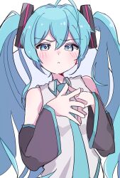 Rule 34 | 1girl, :&lt;, ahoge, arm tattoo, blue eyes, blue hair, blue necktie, blush, collared shirt, commentary, detached sleeves, furrowed brow, hair ornament, hatsune miku, highres, long hair, miku day, necktie, own hands together, shirt, sif ly, sleeveless, sleeveless shirt, solo, steepled fingers, symbol-only commentary, tattoo, twintails, vocaloid, white background, white shirt