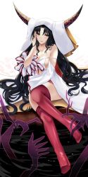 Rule 34 | 1girl, :d, bare shoulders, black hair, blush, breasts, brown eyes, cleavage, facial mark, fate/extra, fate/extra ccc, fate (series), forehead mark, hand on own cheek, hand on own face, headdress, high heels, highres, horns, large breasts, long hair, looking at viewer, nicky w, off shoulder, open mouth, pink thighhighs, sessyoin kiara, sitting, smile, solo, thighhighs, very long hair