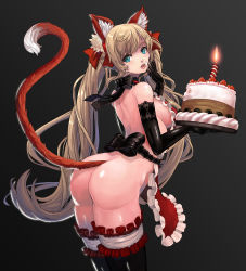 Rule 34 | 1girl, absurdres, animal ears, apron, arched back, ass, bare shoulders, black background, black thighhighs, blonde hair, blue eyes, breasts, cake, candle, cat ears, cat tail, elbow gloves, finger to mouth, food, gloves, highres, large breasts, long hair, looking at viewer, naked apron, original, parted lips, qbspdl, solo, tail, thighhighs, twintails, very long hair