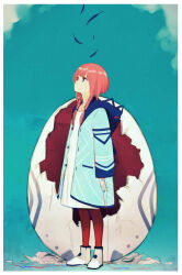 Rule 34 | 1girl, blue background, blue eyes, boots, border, braid, coat, cracked egg, crying, crying with eyes open, dress, egg, expressionless, feathers, full body, holding, holding string, hood, hood down, hooded coat, isshiki (ffmania7), kaf (kamitsubaki studio), kamitsubaki studio, long hair, looking up, low twin braids, open clothes, open coat, oversized object, pantyhose, pink hair, red pantyhose, solo, string, tears, twin braids, virtual youtuber, white border, white dress, white footwear