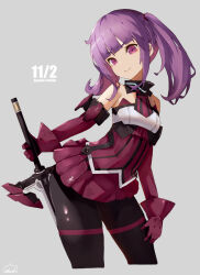 Rule 34 | 1girl, alice gear aegis, armor, armored dress, armored gloves, bare shoulders, black pantyhose, blunt bangs, character name, closed mouth, commentary request, contrapposto, dress, gloves, grey background, holding, holding weapon, ichijou ayaka, looking at viewer, pantyhose, purple eyes, purple hair, red cat hood, red dress, red gloves, signature, simple background, smile, solo, thighs, twintails, weapon