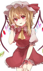 Rule 34 | 1girl, absurdres, blonde hair, chalc0, crystal wings, dress, flandre scarlet, hat, hat ribbon, highres, medium hair, mob cap, puffy short sleeves, puffy sleeves, red dress, red eyes, red ribbon, ribbon, short sleeves, side ponytail, simple background, smile, touhou, white background