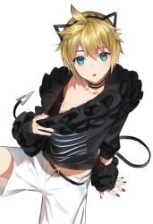 Rule 34 | 1boy, aqua eyes, arm support, black nails, black shirt, blouse, clothes pull, downblouse, frilled sleeves, frills, headset, kagamine len, looking at viewer, male focus, nail polish, naoko (naonocoto), nipples, open mouth, pulled by self, revision, self exposure, shirt, shorts, simple background, sitting, solo, teeth, upper teeth only, vocaloid, white background