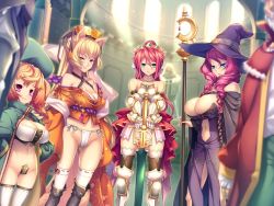 Rule 34 | 4girls, animal ears, armor, armored boots, astrid flamel, blonde hair, boots, breasts, cleavage, fox ears, fox girl, fox tail, fundoshi, game cg, gauntlets, gradient hair, green eyes, hand on hilt, hat, headdress, hikage eiji, iris arcadia, japanese clothes, kuroinu 2, lace, lace-trimmed legwear, lace trim, large breasts, large hat, layered legwear, long hair, long sleeves, maebari, mel mel, mistiora arte, multicolored hair, multiple girls, no pants, orange hair, pink hair, red eyes, red hair, revealing clothes, staff, sword, tail, thighhighs, twintails, two-tone hair, weapon, white legwear, witch, witch hat, yellow eyes