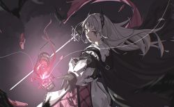 Rule 34 | 1girl, arknights, bird, black cape, black gloves, black jacket, broken, cape, chinese commentary, commentary request, fighting stance, fire, gloves, grey eyes, head wings, holding, holding sword, holding weapon, irene (arknights), jacket, lantern, layered skirt, liuxingyun lxyun, long hair, long sleeves, open mouth, outstretched arm, pink fire, puffy long sleeves, puffy sleeves, purple skirt, rapier, scar, scar across eye, scar on face, silver hair, skirt, solo, sword, two-tone skirt, weapon, white skirt, wings