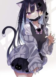 Rule 34 | 1girl, :q, animal ear fluff, animal ears, black hair, black skirt, black surgical mask, black vest, blue hair, breasts, cardigan, cat ears, cat girl, cat tail, claw pose, extra ears, highres, long hair, long sleeves, looking at viewer, mask, mask pull, medium breasts, miniskirt, mouth mask, multicolored hair, off shoulder, open cardigan, open clothes, original, purple eyes, shirt, skirt, sleeves past wrists, solo, suisei 1121, surgical mask, tail, tongue, tongue out, vest, white shirt