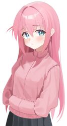 Rule 34 | 1girl, alpha beast, black skirt, blue eyes, blush, bocchi the rock!, closed mouth, gotoh hitori, hair between eyes, hands in pockets, highres, jacket, long hair, long sleeves, looking at viewer, one side up, pink hair, pink jacket, pleated skirt, simple background, skirt, solo, white background