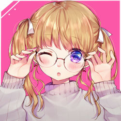 Rule 34 | 1girl, ;o, blush, fingernails, glasses, grey sweater, hair between eyes, hair ribbon, hands up, head tilt, light brown hair, long hair, long sleeves, looking at viewer, maria (maria0304), nail polish, one eye closed, original, parted lips, pink nails, purple eyes, ribbon, round eyewear, sleeves past wrists, solo, sweater, twintails, upper body, white ribbon